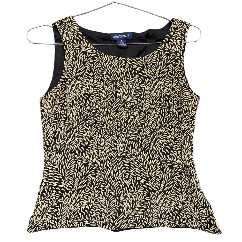 Ann Taylor Top Womens 2 Black Tan Silk Leaf Print Sleeveless Blouse Shell Luxe